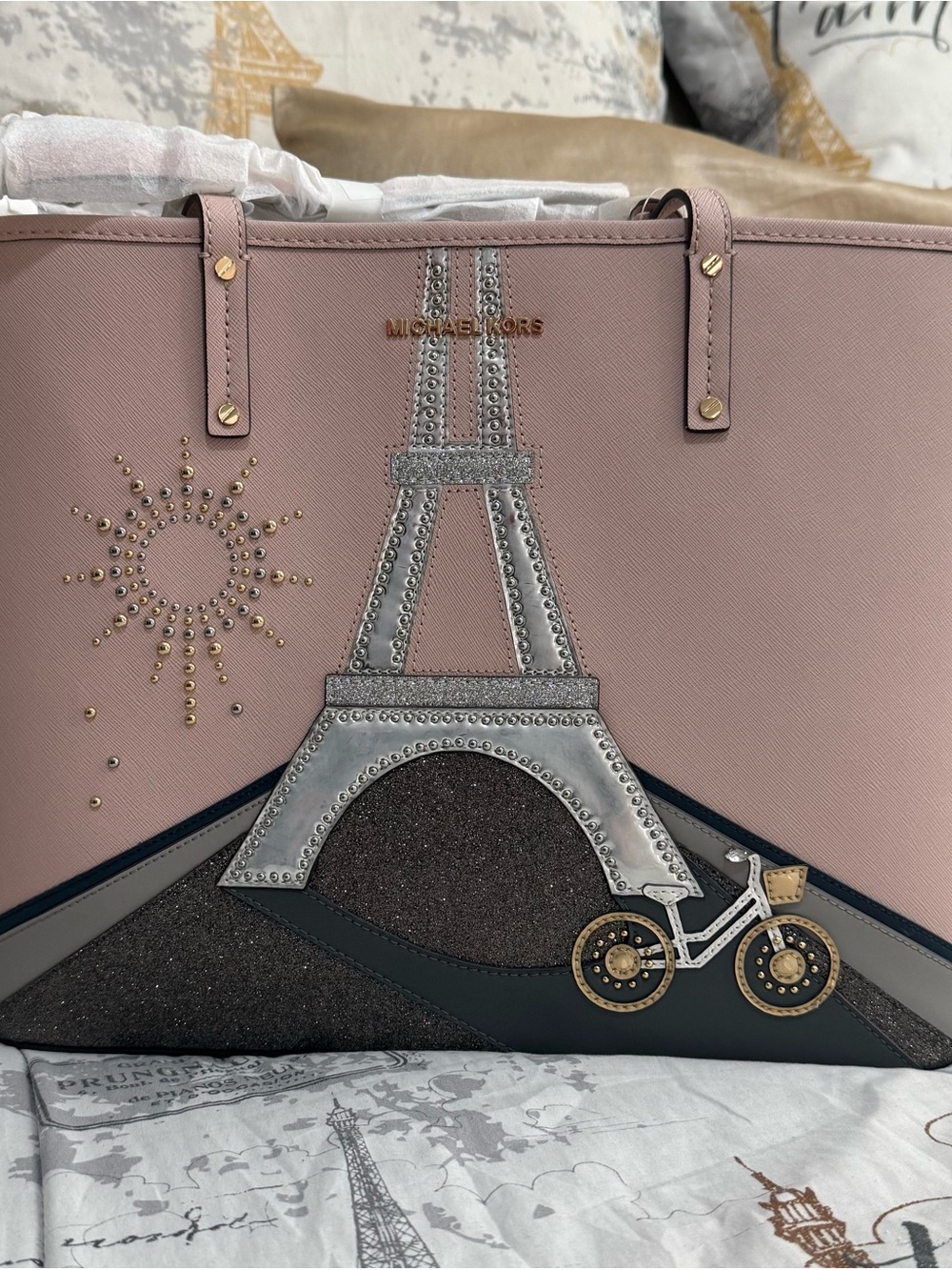 Michael Kors Pink Tote with Silver Eiffel Tower & Gold Stud Details